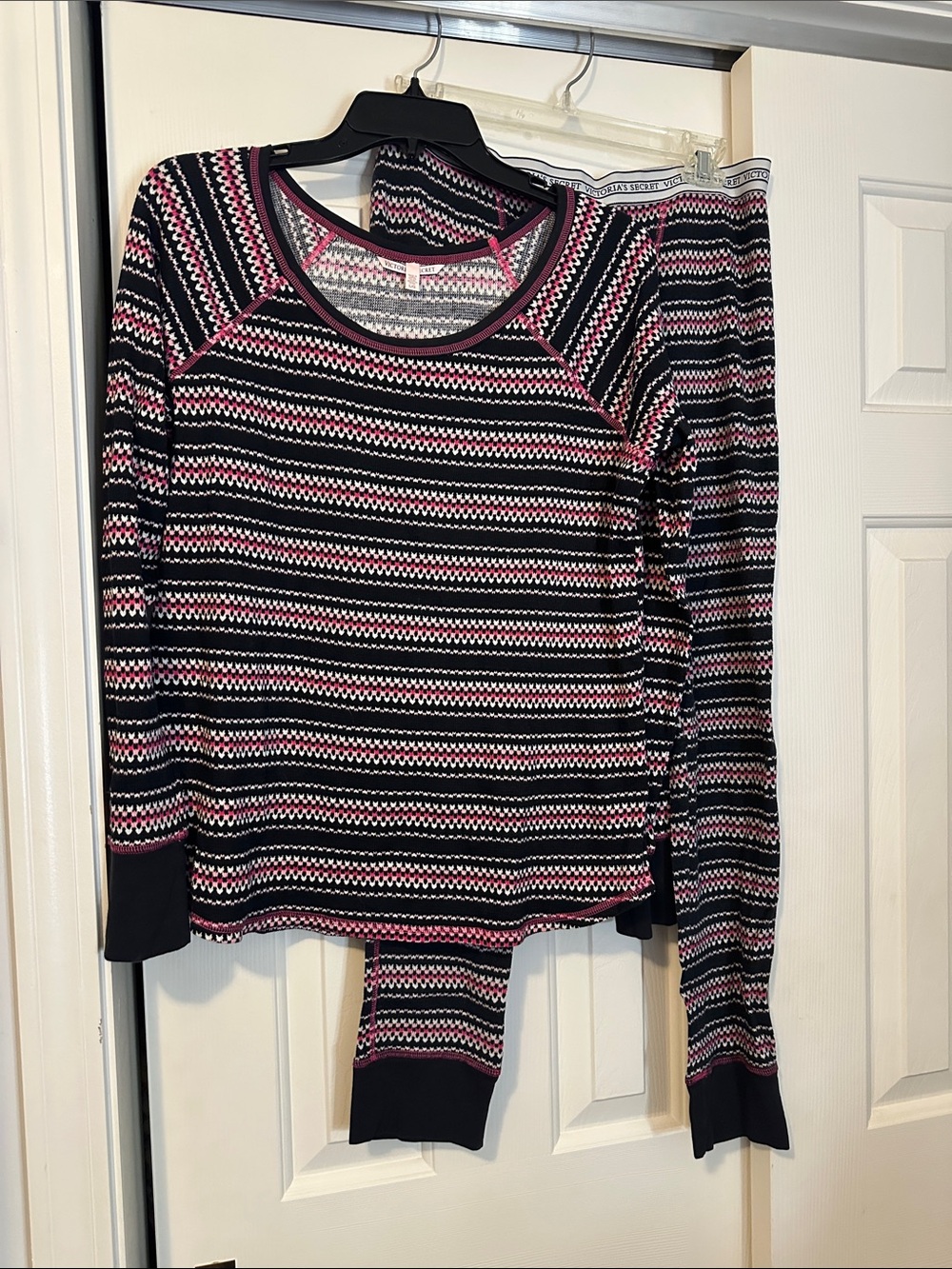 Victoria's Secret Black, Pink & White Striped Knit Pajama Set